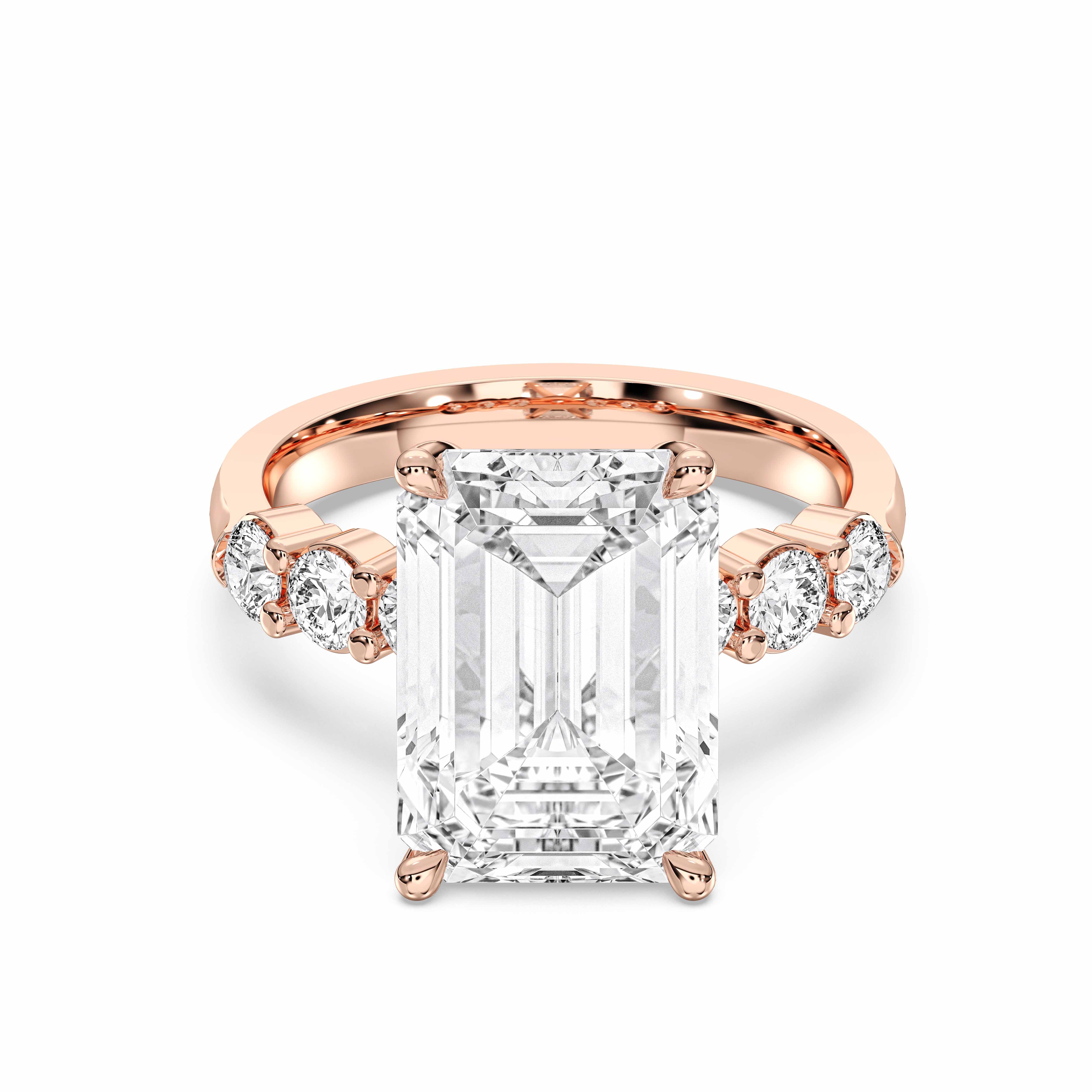 6.45 Carat Emerald & Round Cut Lab Grown Diamond Prong Set Engagement Ring in Solid Gold for Her