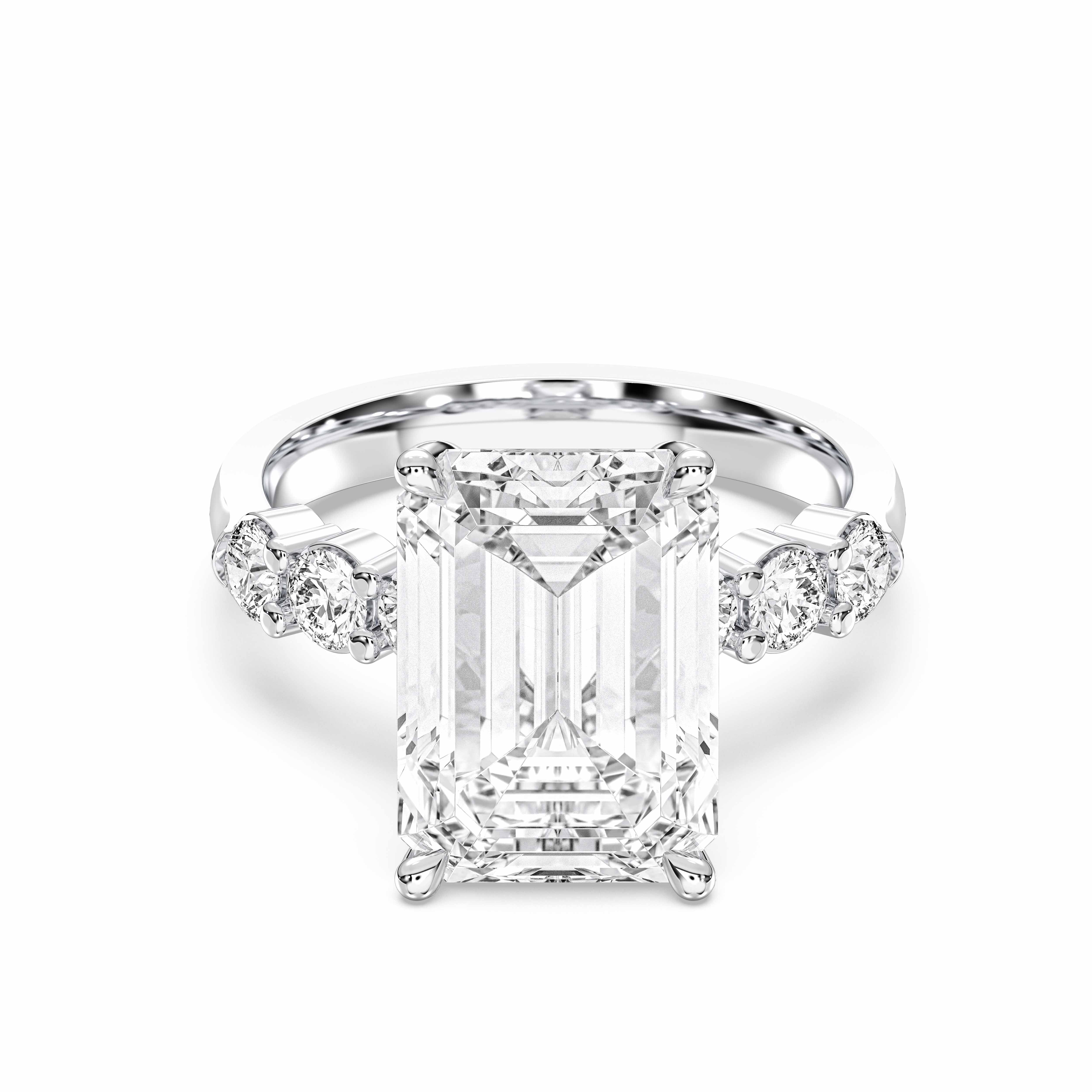 6.45 Carat Emerald & Round Cut Lab Grown Diamond Prong Set Engagement Ring in Solid Gold for Her