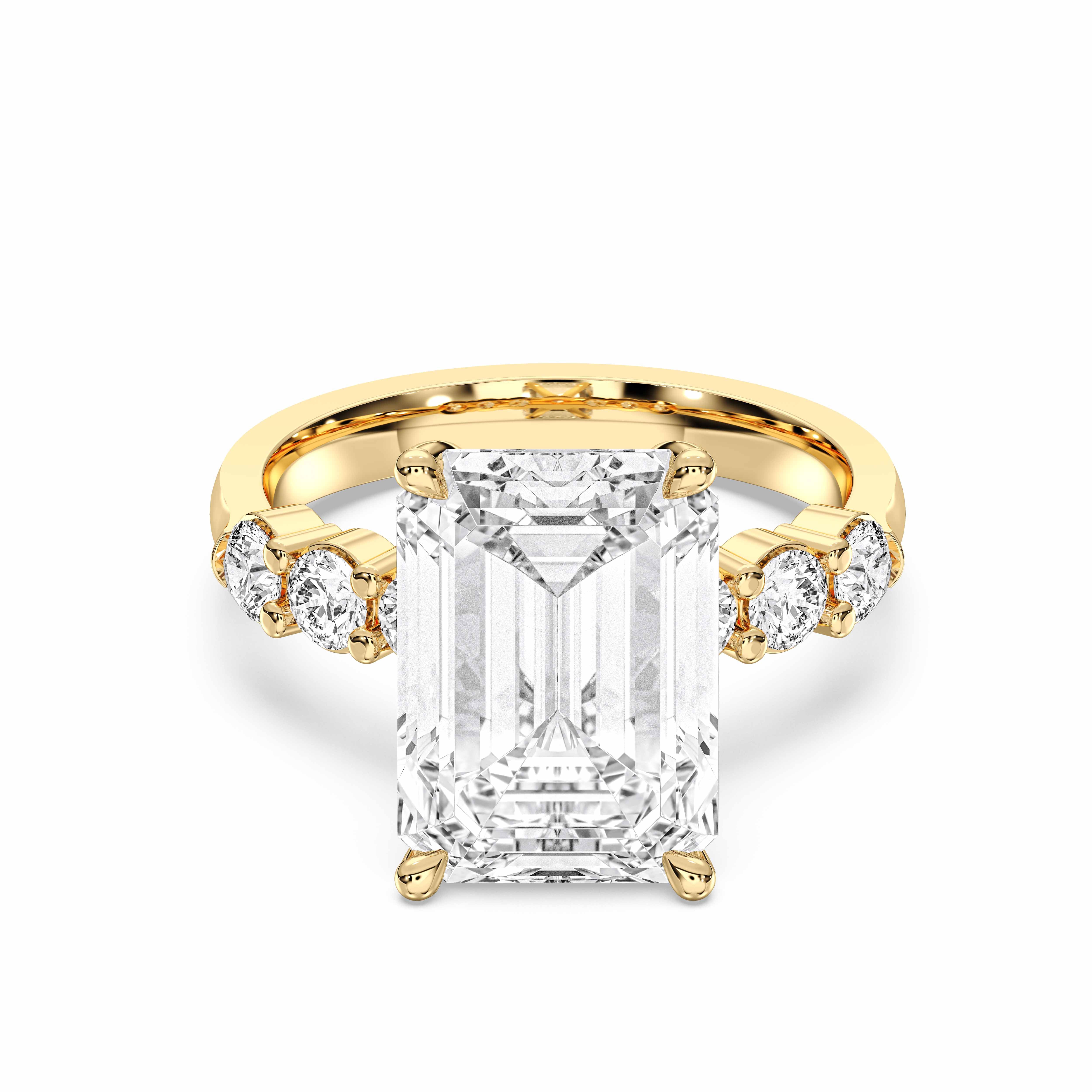 6.45 Carat Emerald & Round Cut Lab Grown Diamond Prong Set Engagement Ring in Solid Gold for Her