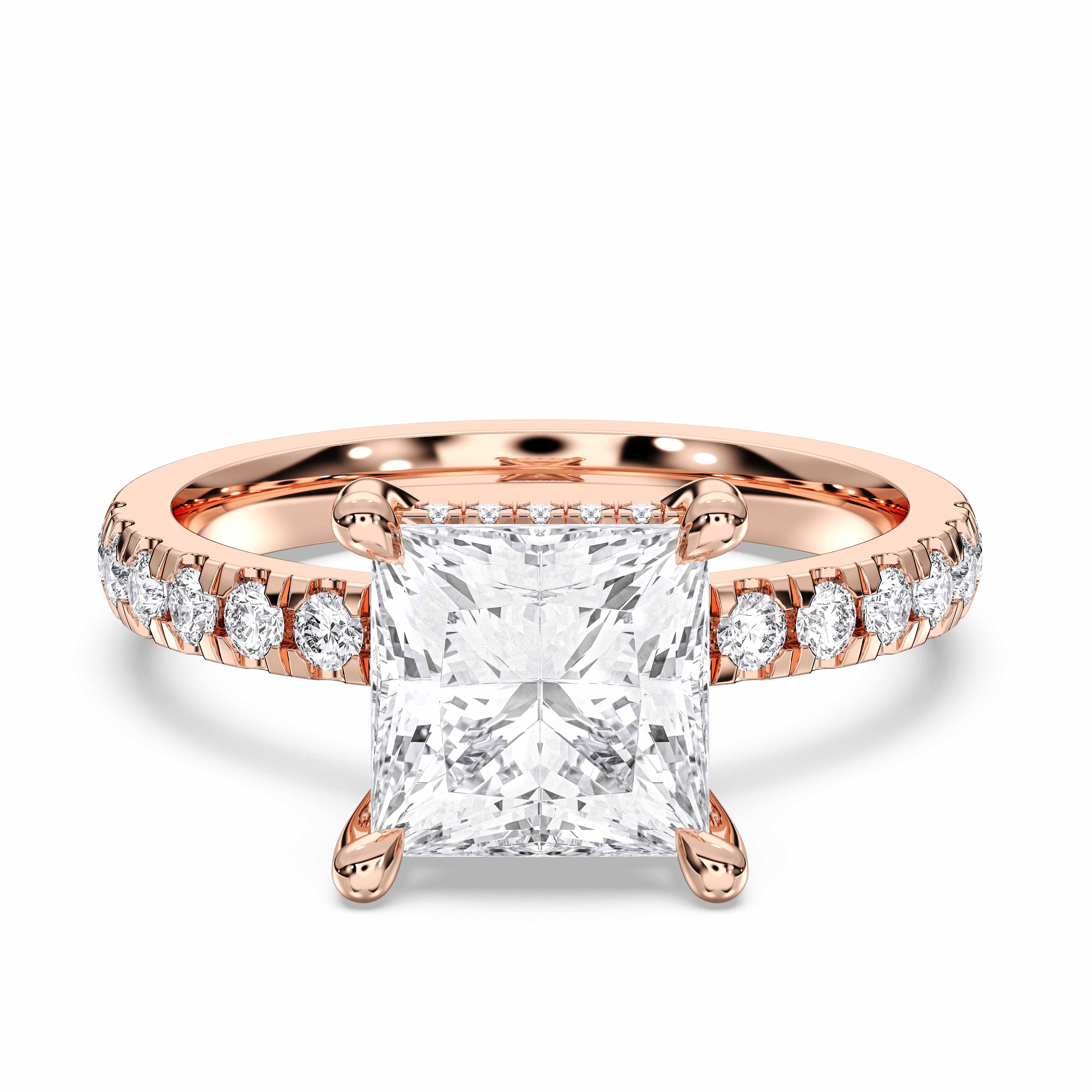 3.60 Carat Princess & Round Cut Lab Grown Diamond Solitaire Engagement Ring in Solid Gold for Her