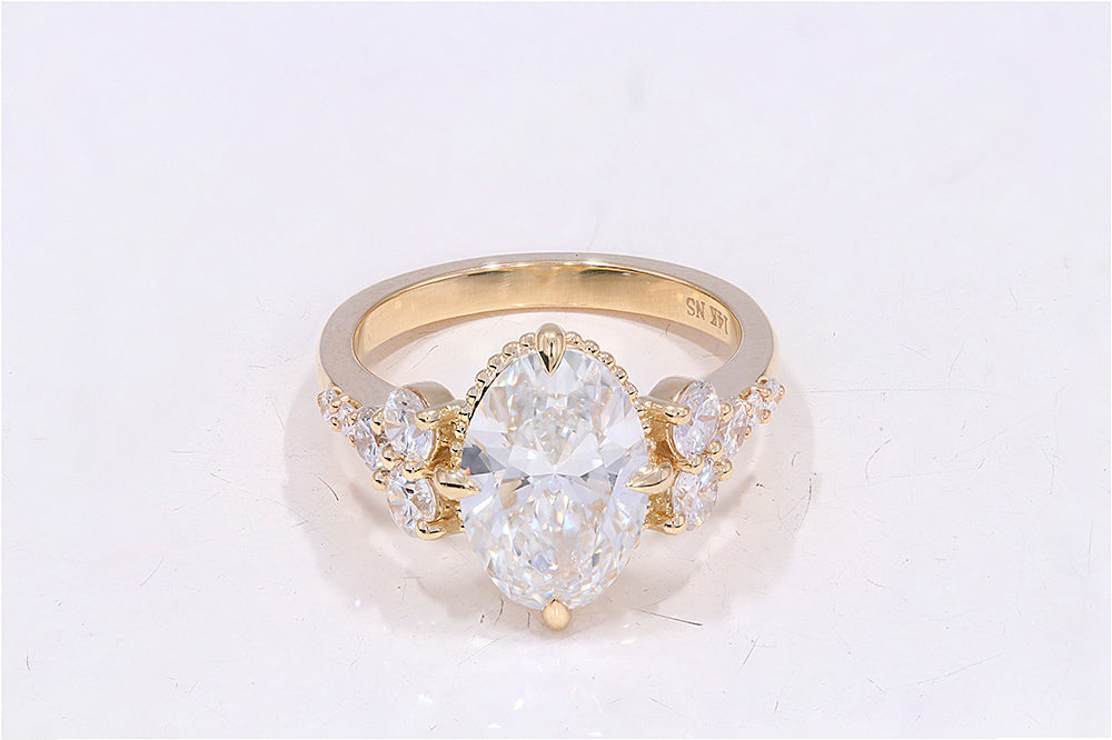 Oval & Round Shape 4.10 Carat Lab Grown Diamond Solitaire Engagement Ring in Solid Gold for Her