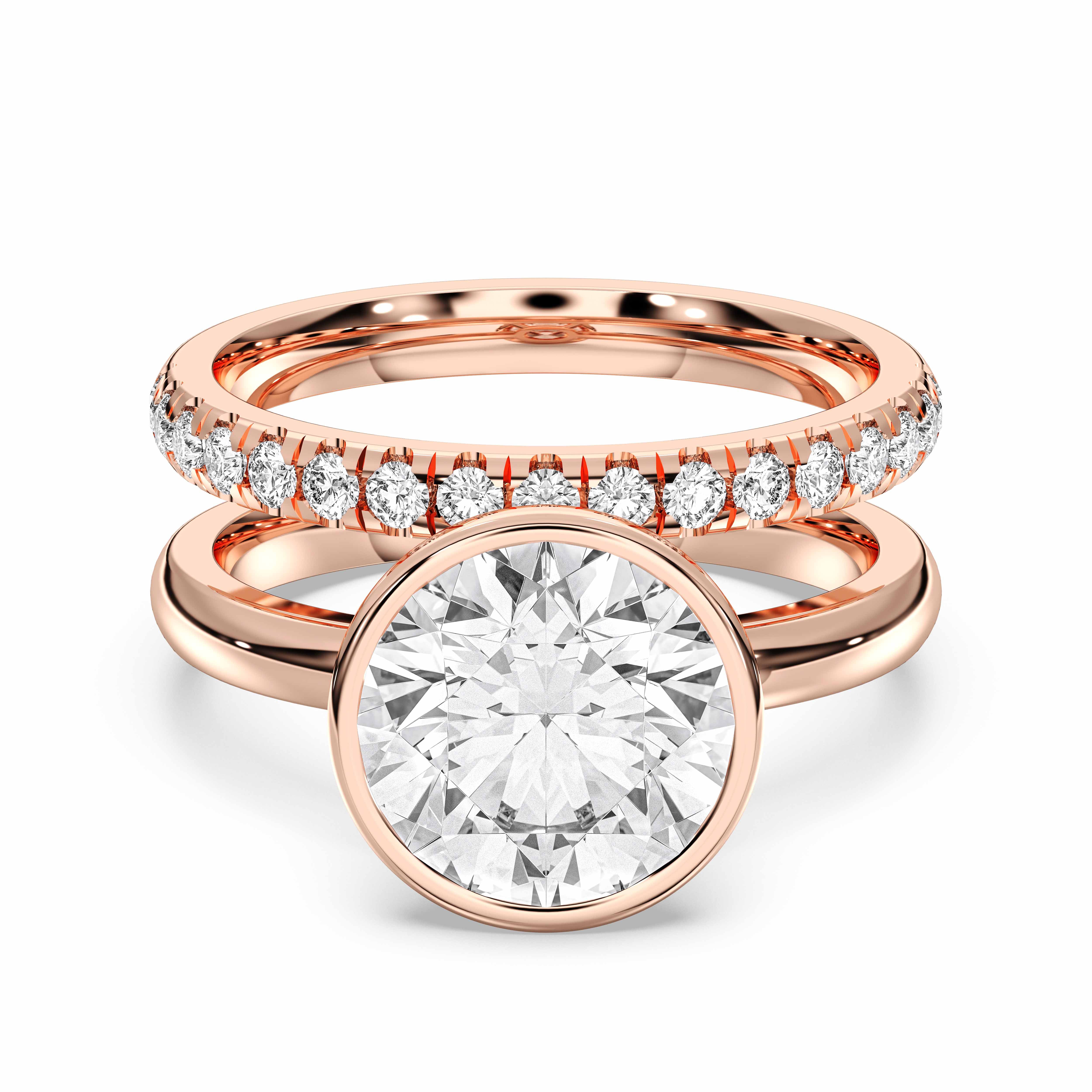 2.90 Carat Round Shape Lab Grown Diamond Bezel Set Engagement ring with matching wedding band in Solid Gold for Women