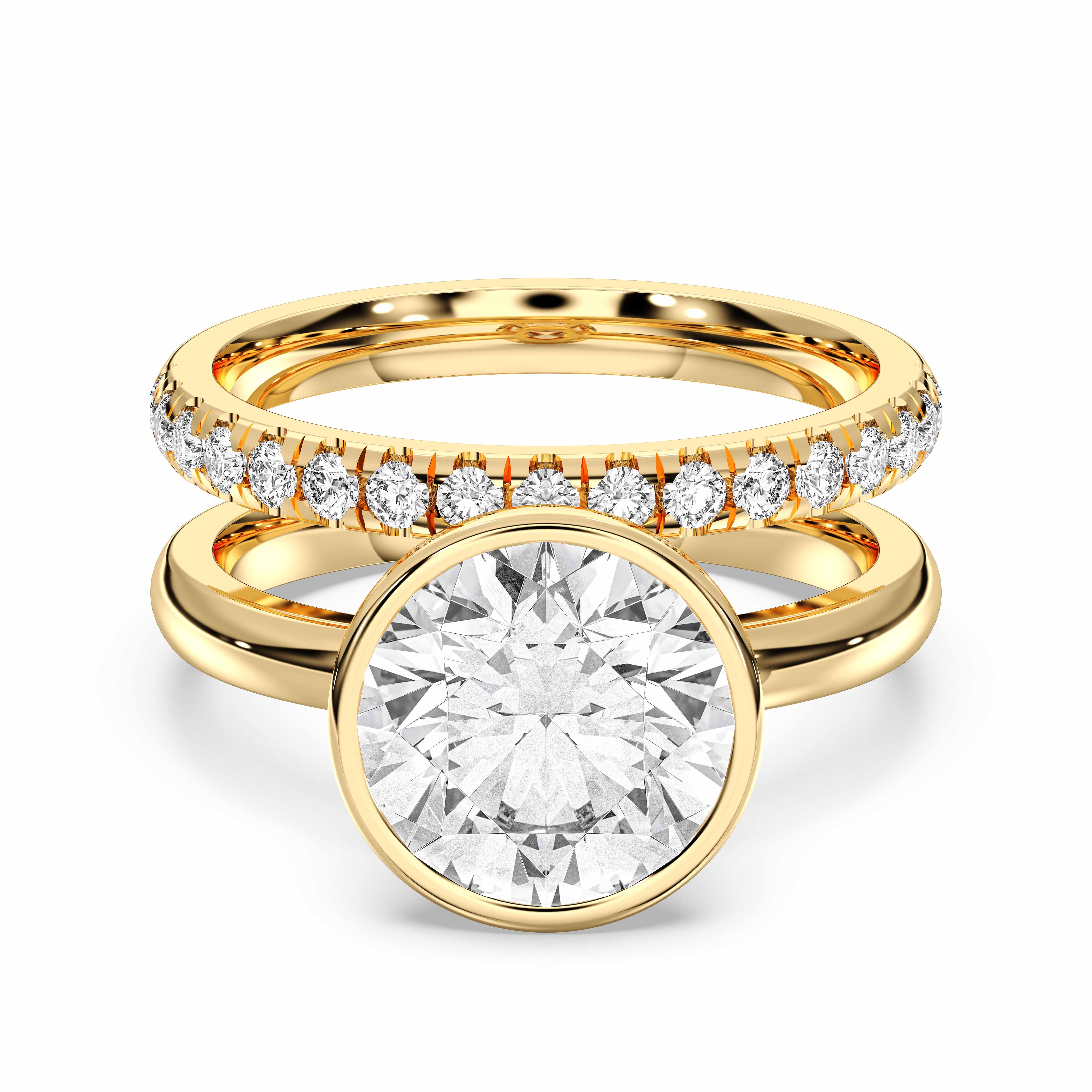2.90 Carat Round Shape Lab Grown Diamond Bezel Set Engagement ring with matching wedding band in Solid Gold for Women