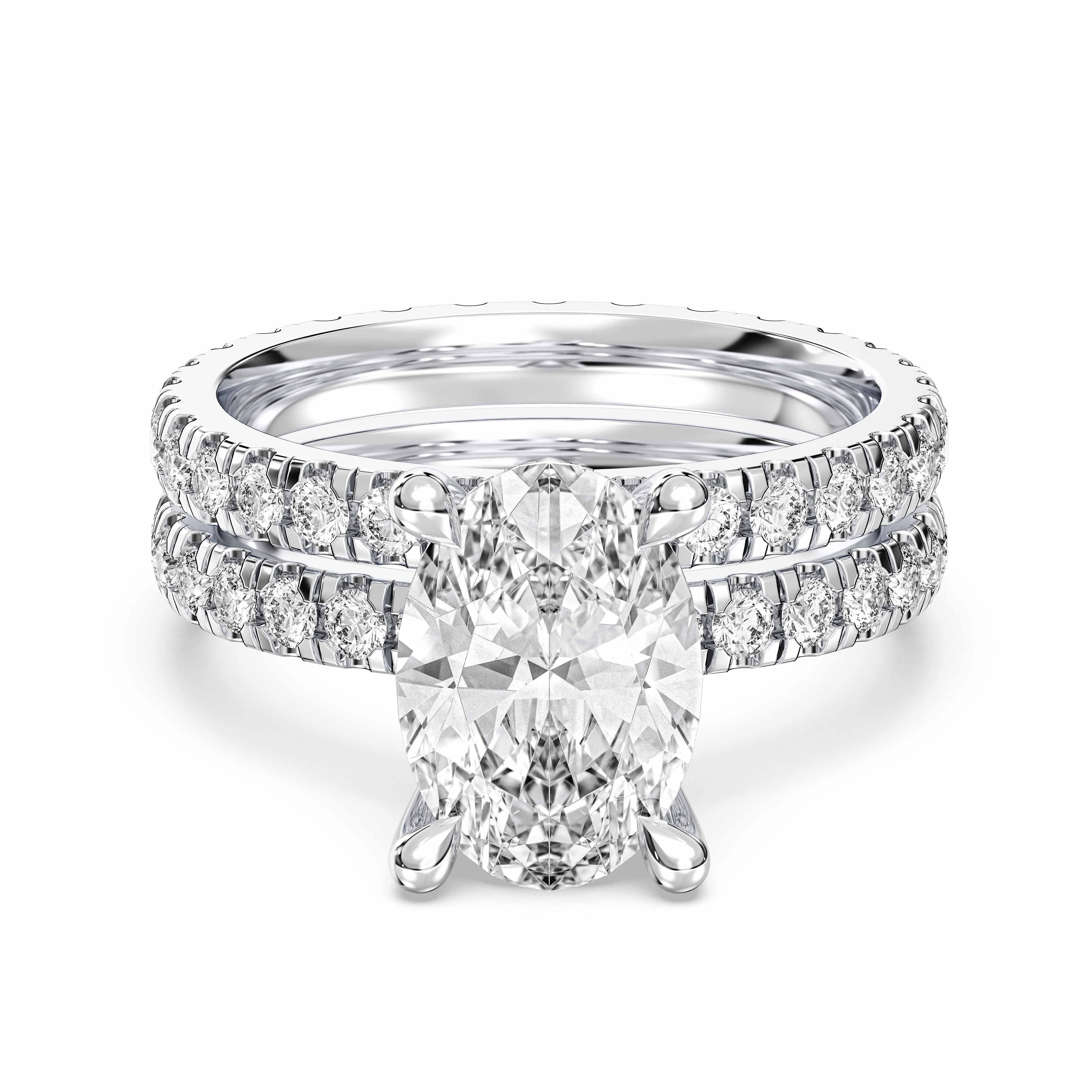 Oval & Round Shape 3.15 Carat Lab Grown Diamond Prong Set Engagement ring with matching wedding band in Solid Gold for Women