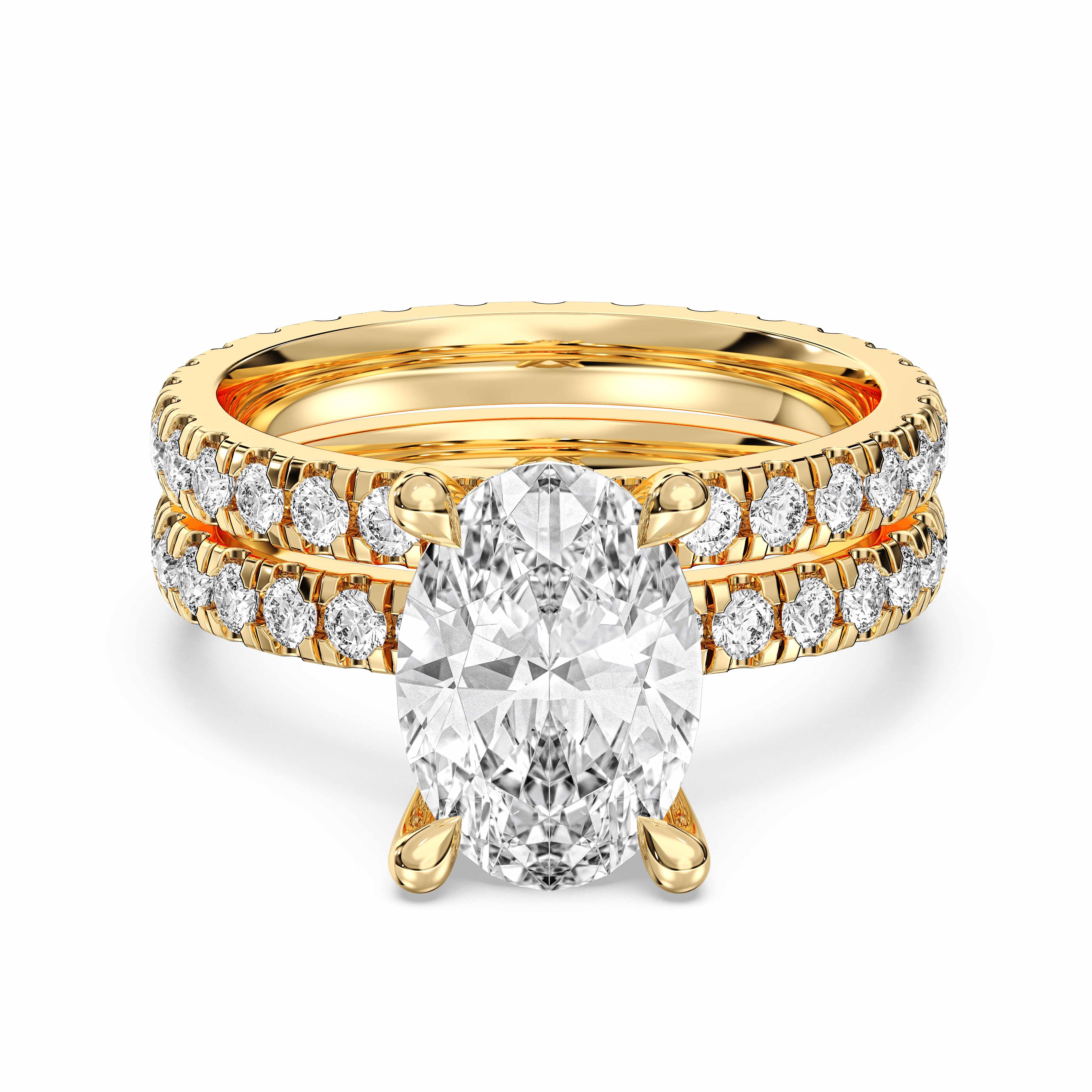 Oval & Round Shape 3.15 Carat Lab Grown Diamond Prong Set Engagement ring with matching wedding band in Solid Gold for Women