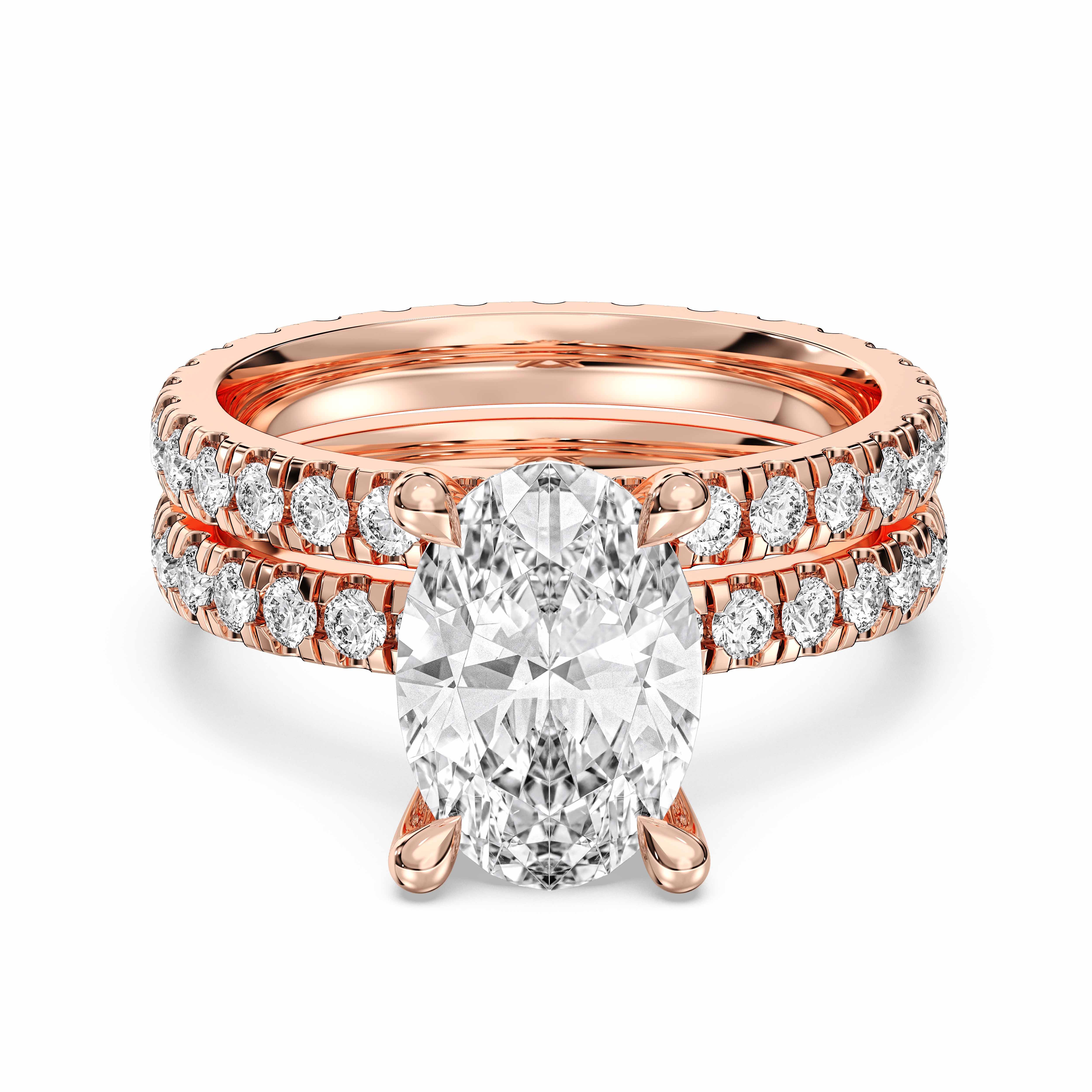 Oval & Round Shape 3.15 Carat Lab Grown Diamond Prong Set Engagement ring with matching wedding band in Solid Gold for Women