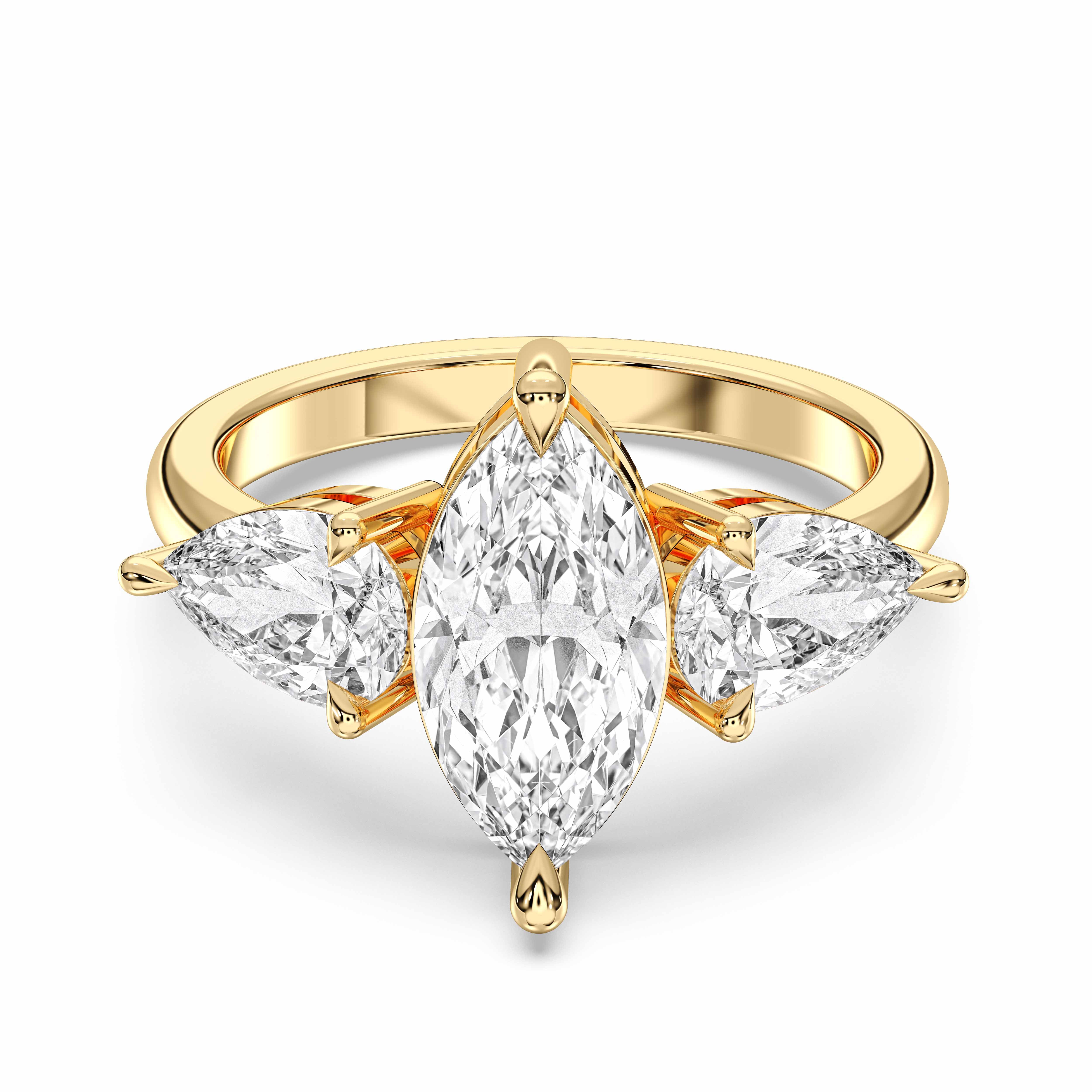 Three Stone 3.50 Carat Marquise & Pear Cut  Lab Grown Diamond Prong Set Engagement in Solid Gold for Women