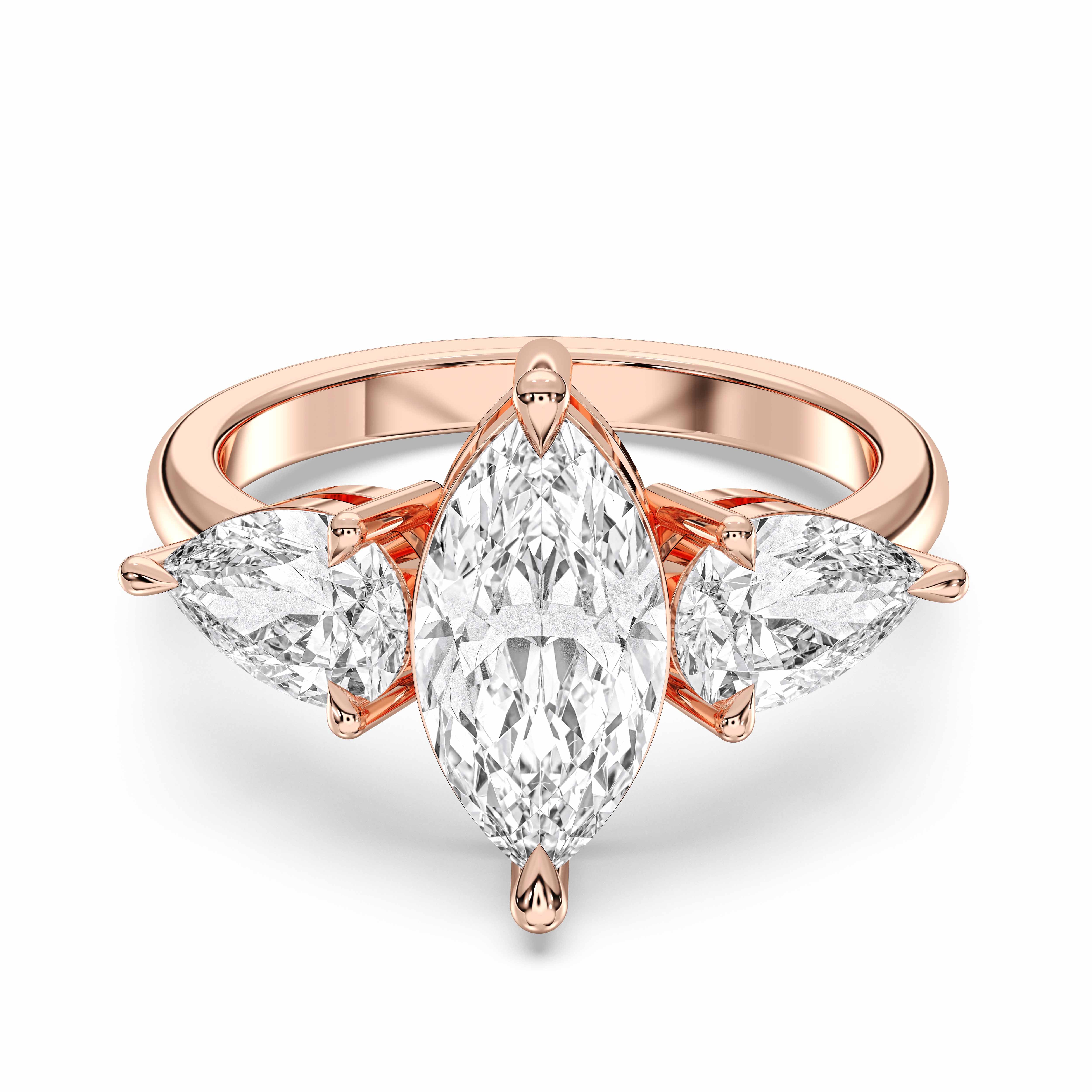 Three Stone 3.50 Carat Marquise & Pear Cut  Lab Grown Diamond Prong Set Engagement in Solid Gold for Women