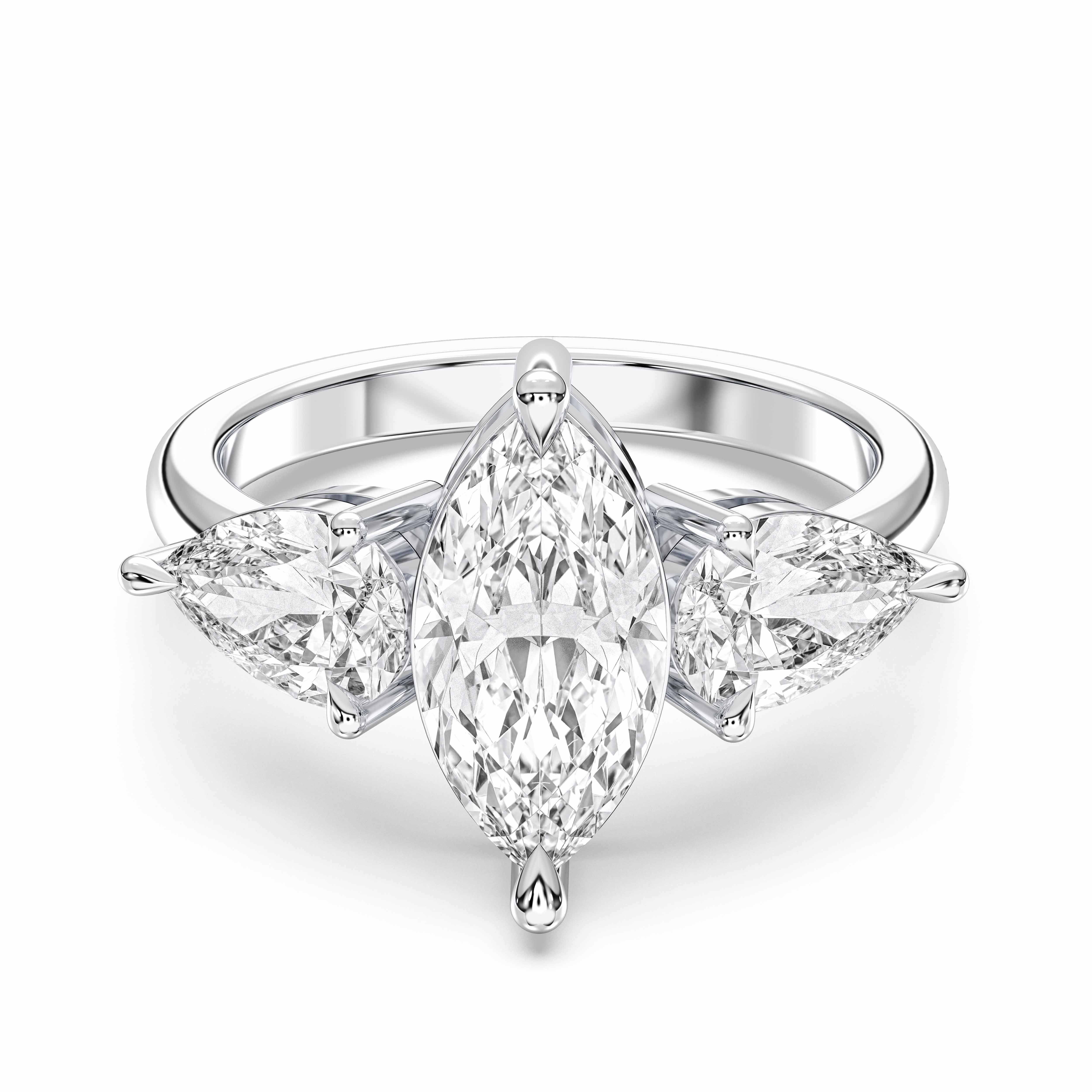 Three Stone 3.50 Carat Marquise & Pear Cut  Lab Grown Diamond Prong Set Engagement in Solid Gold for Women