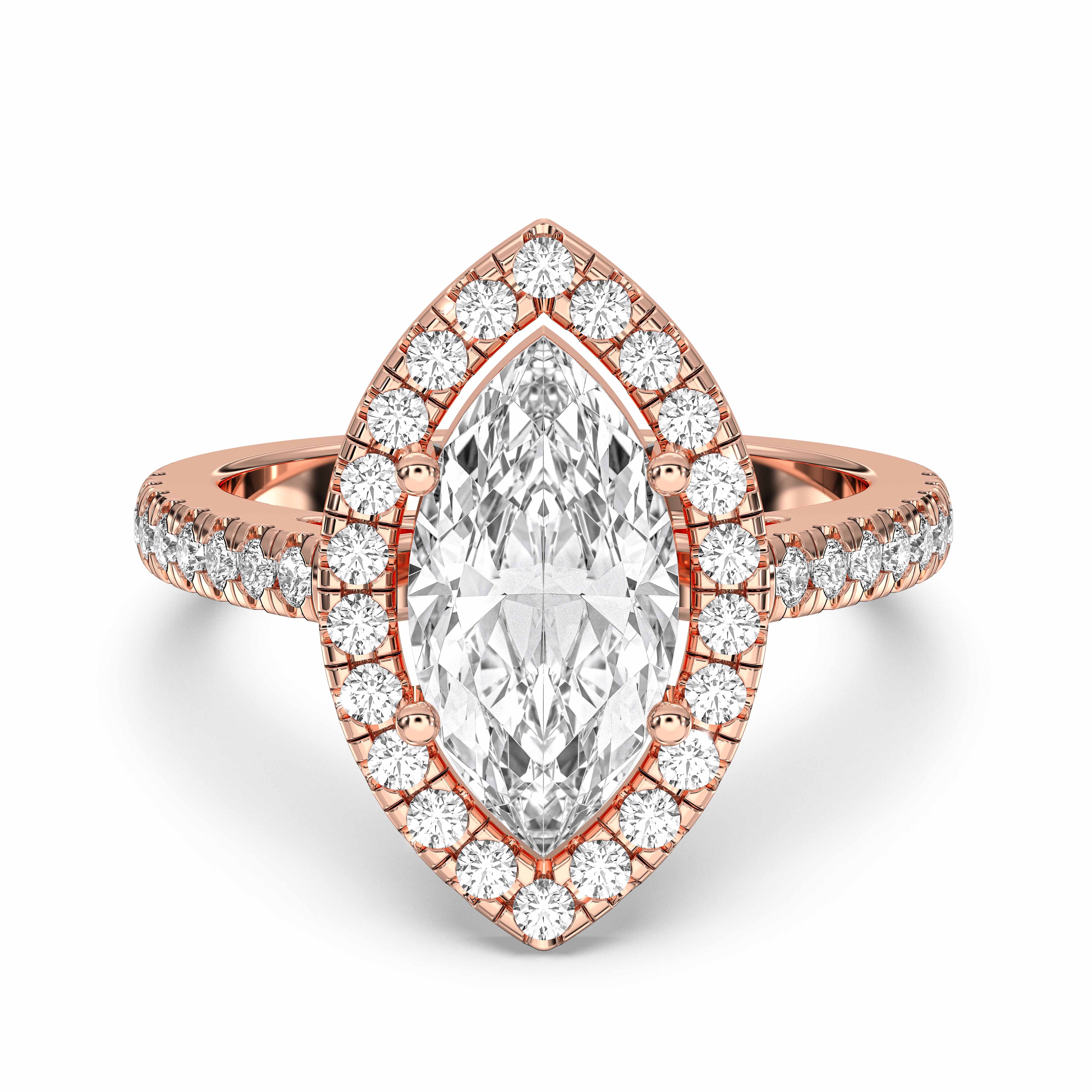 2.59 Carat Marquise & Round Cut Lab Grown Diamond Halo Set Engagement Ring in Solid Gold for Women