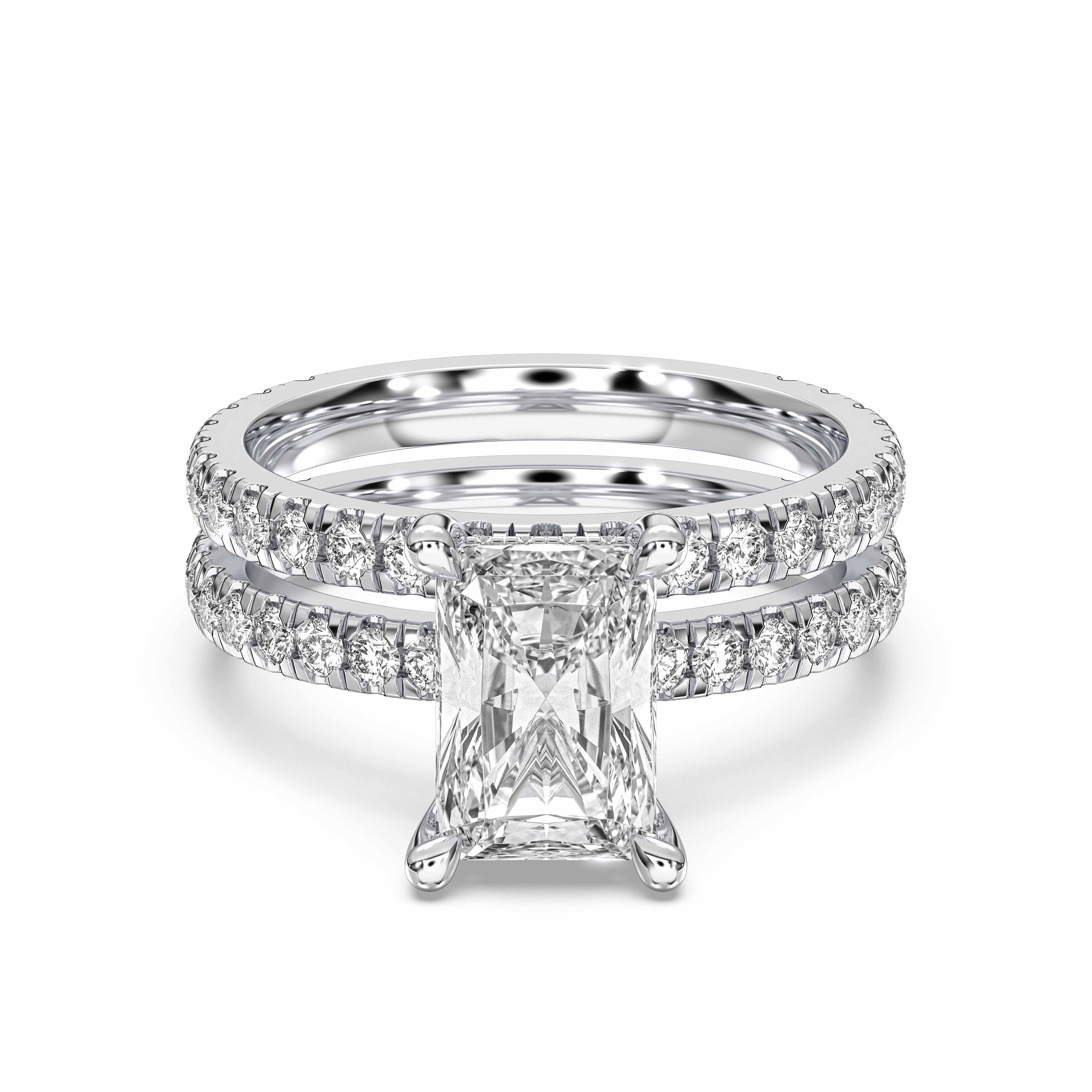 Radiant & Round Shape 3.20 Carat Lab Grown Diamond Prong Set Engagement ring with matching wedding band in Solid Gold for Women
