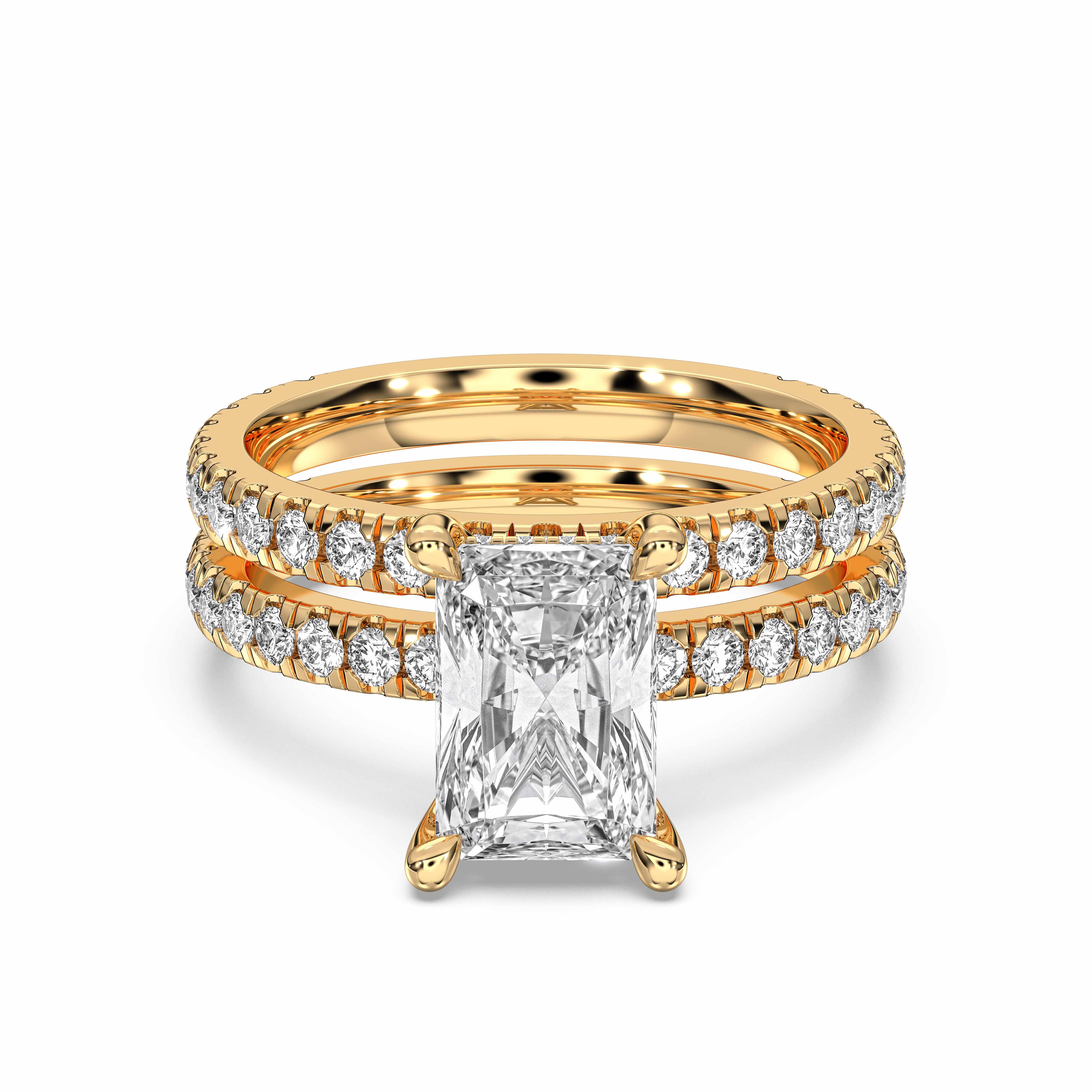 Radiant & Round Shape 3.20 Carat Lab Grown Diamond Prong Set Engagement ring with matching wedding band in Solid Gold for Women