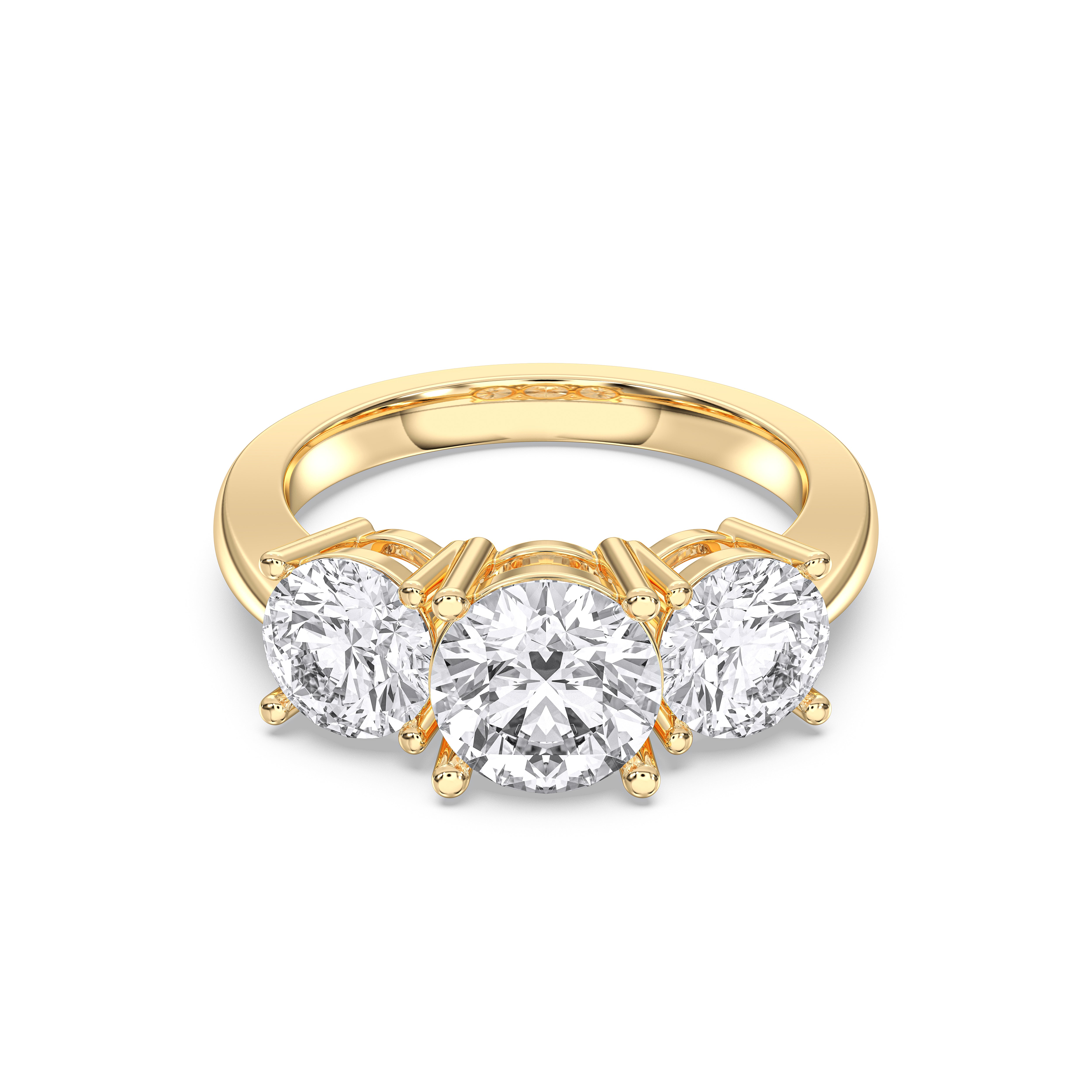 3.75 Carat Round Shape Lab Grown Diamond 3 Stone Ring in Solid Gold
